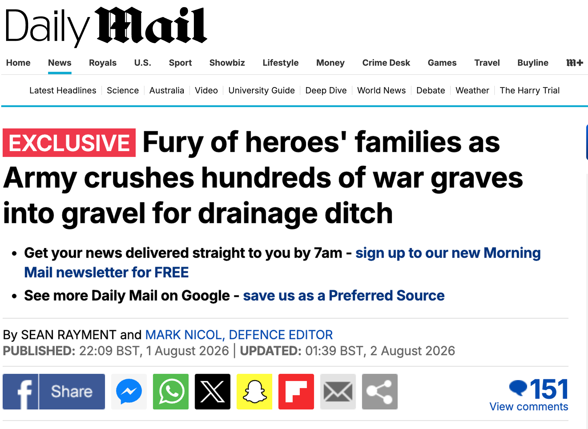 Daily Mail article: Fury of heroes' families as Army crushes hundreds of war graves into gravel for drainage ditch