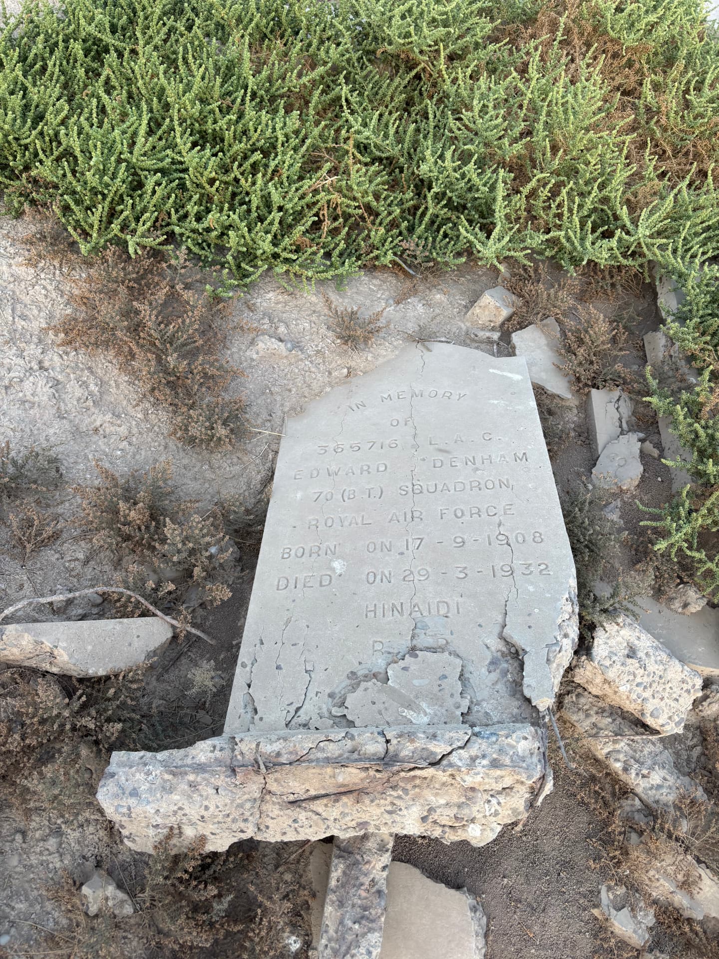 365716 Leading Aircraftman Edward Denham, 70 (B.T.) Squadron, Royal Air Force, born 17 September 1908, died 29 March 1932, Hinaidi. The stone is cracked through and separated from its base.