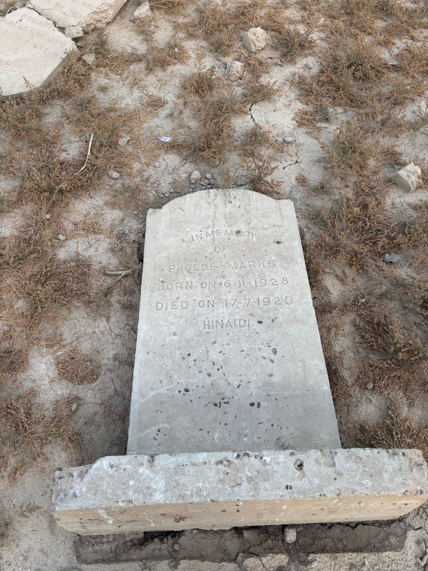 In memory of Phoebe Marks, born 6 November 1928, died 17 July 1929, Hinaidi. The headstone of an infant, lying flat on the ground beside its dislodged base.