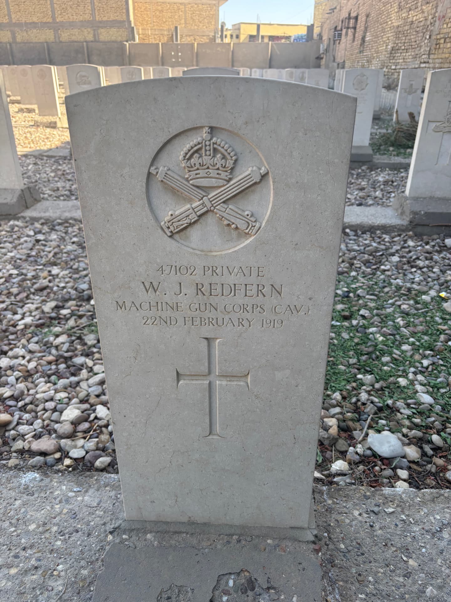 The headstone of 47102 Private W. J. Redfern, Machine Gun Corps (Cavalry), died 22 February 1919.