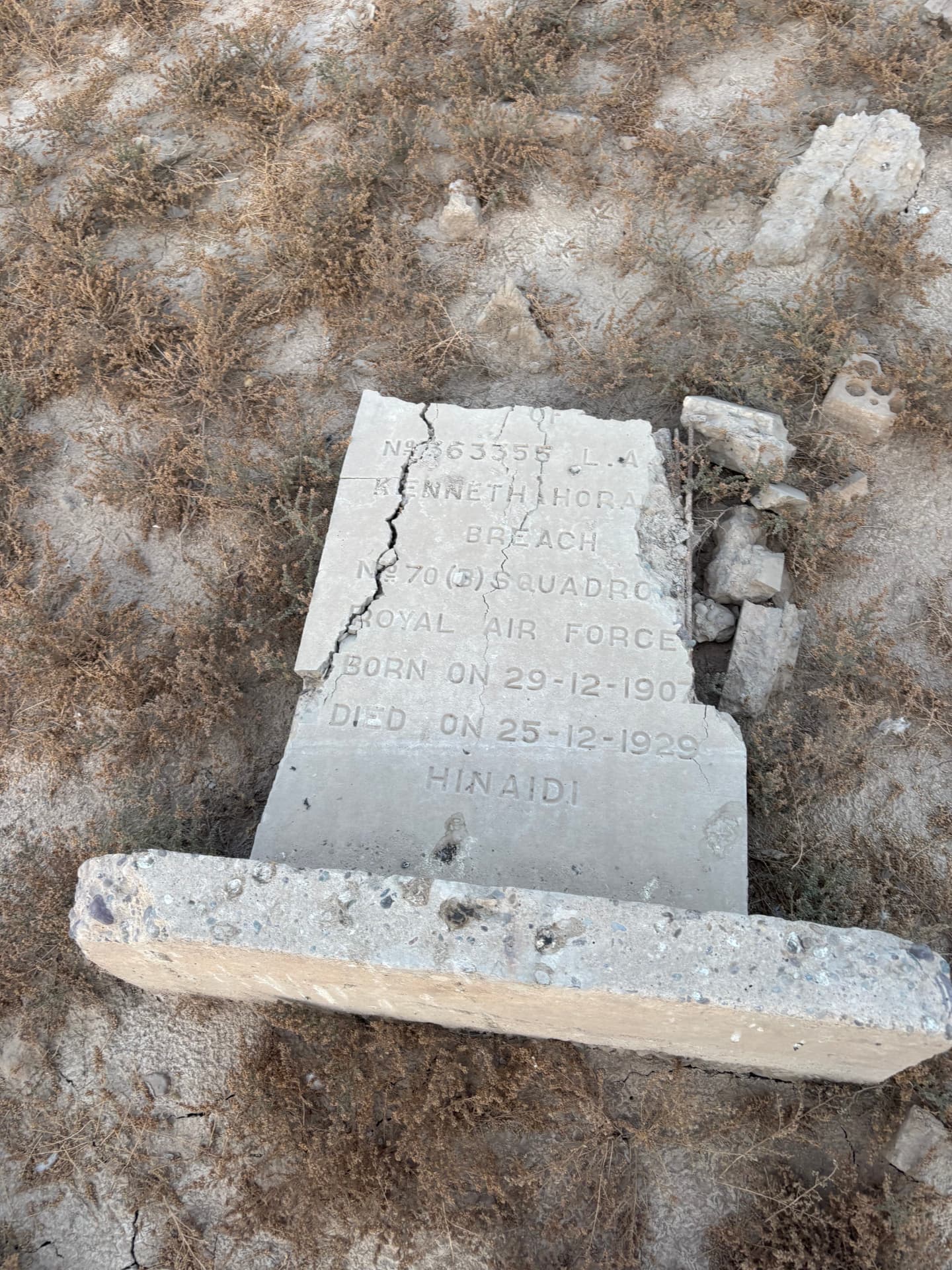 363355 Leading Aircraftman Kenneth Horace Breach, No. 70 (B) Squadron, Royal Air Force, born 29 December 1907, died 25 December 1929, Hinaidi. The headstone is fractured and the kerb has been displaced.