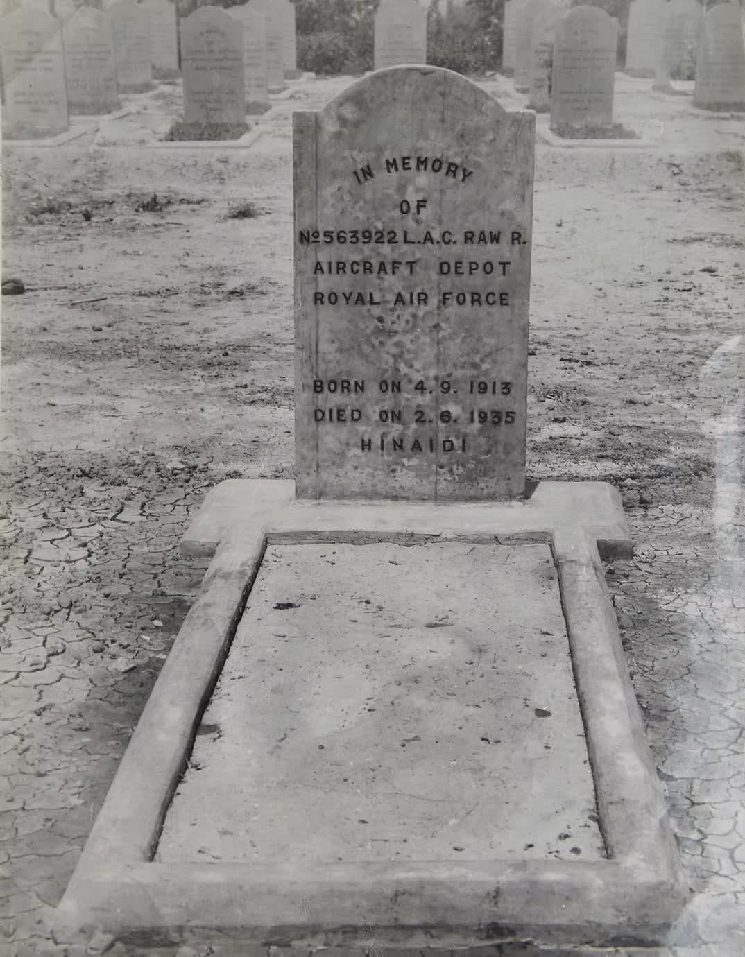 The grave of 563922 Leading Aircraftman R. Raw, Aircraft Depot, Royal Air Force, born 4 September 1913, died 2 June 1935 at Hinaidi, photographed soon after the headstone was erected.