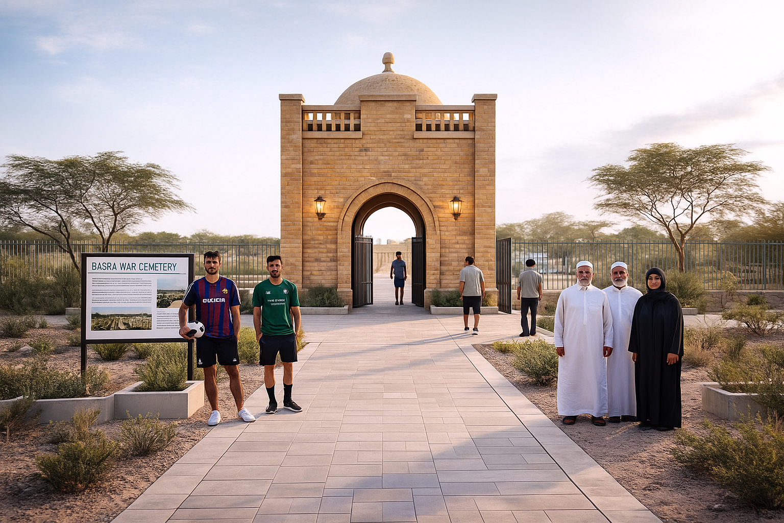 Concept image of a restored ceremonial gateway entrance to Basra War Cemetery, with local young footballers and elders standing alongside an interpretive panel.