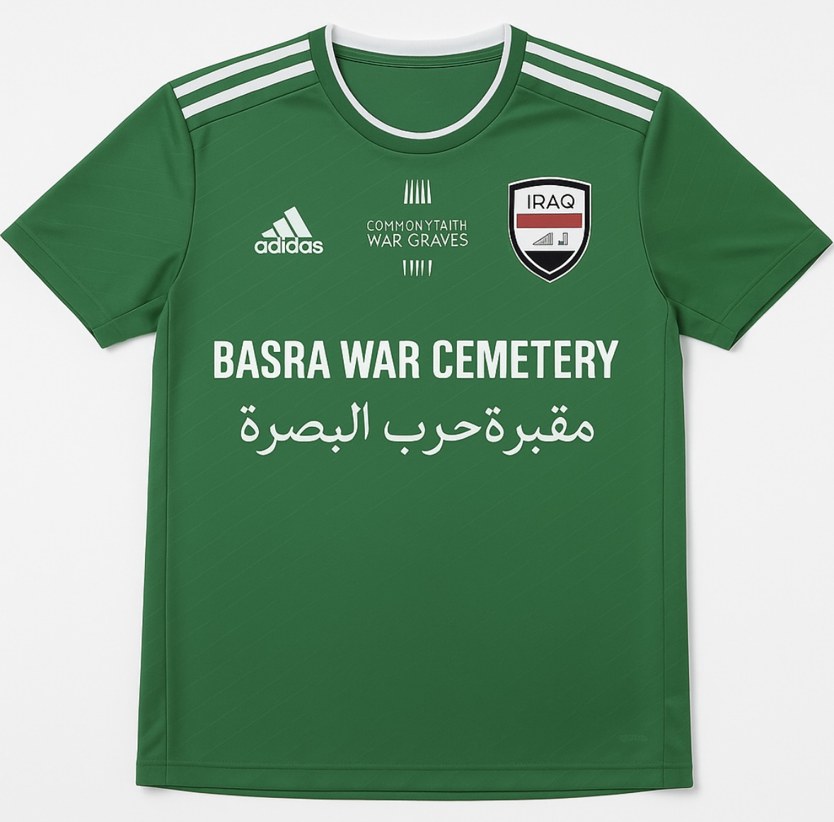 Concept football jersey in green with 'Basra War Cemetery' in English and Arabic across the front, an Iraq crest and a Commonwealth War Graves wordmark.