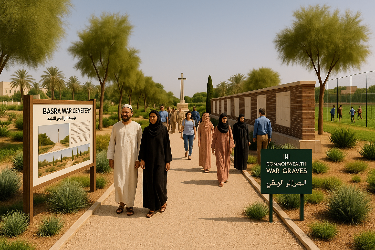 Concept image showing local Basra families walking through a restored Basra War Cemetery with interpretive signage, the Cross of Sacrifice and Memorial Wall visible, and a football pitch alongside.