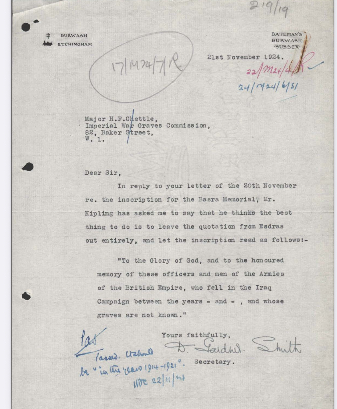 Historic letter showing Kipling's inscription correspondence, 1924