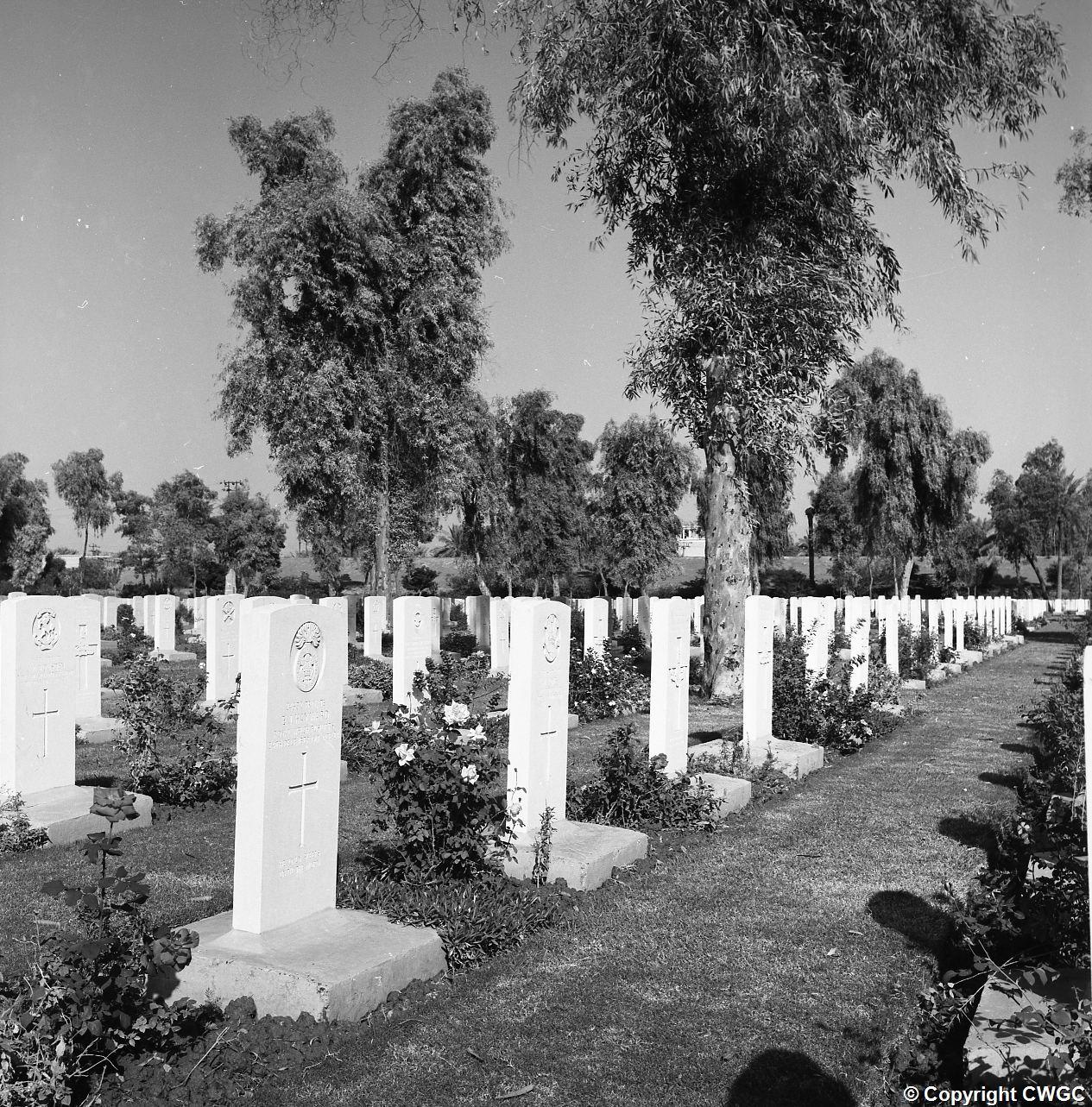 Rows of well-tended graves bordered by flowering shrubs and trees.