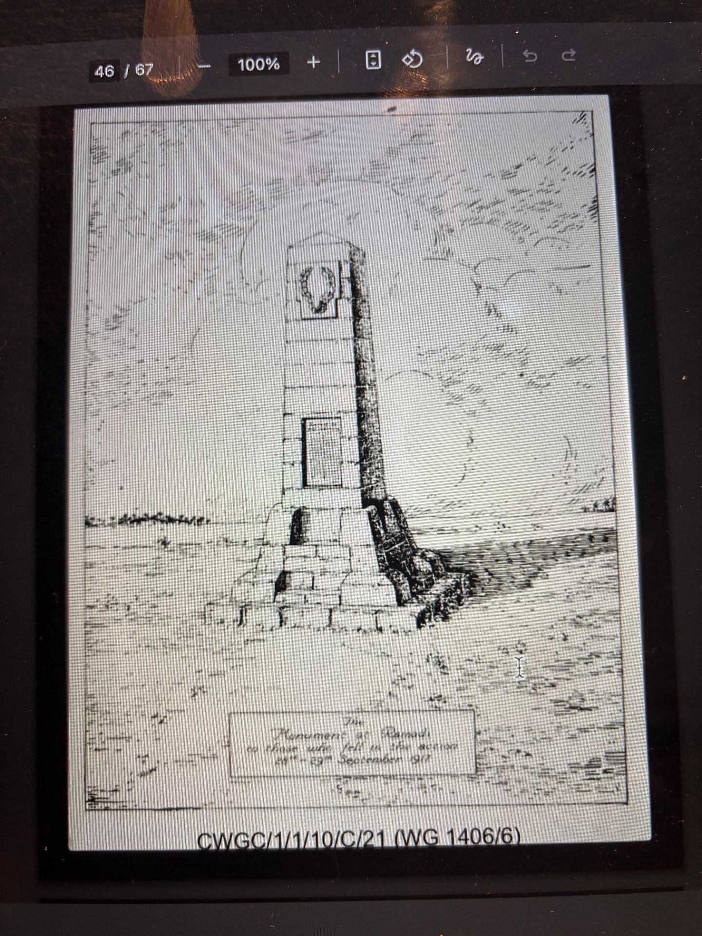 Archive sketch of the original Monument at Ramadi, erected to those who fell in the action of 28th–29th September 1917 (the Second Battle of Ramadi). CWGC archive reference CWGC/1/1/10/C/21 (WG 1406/6).