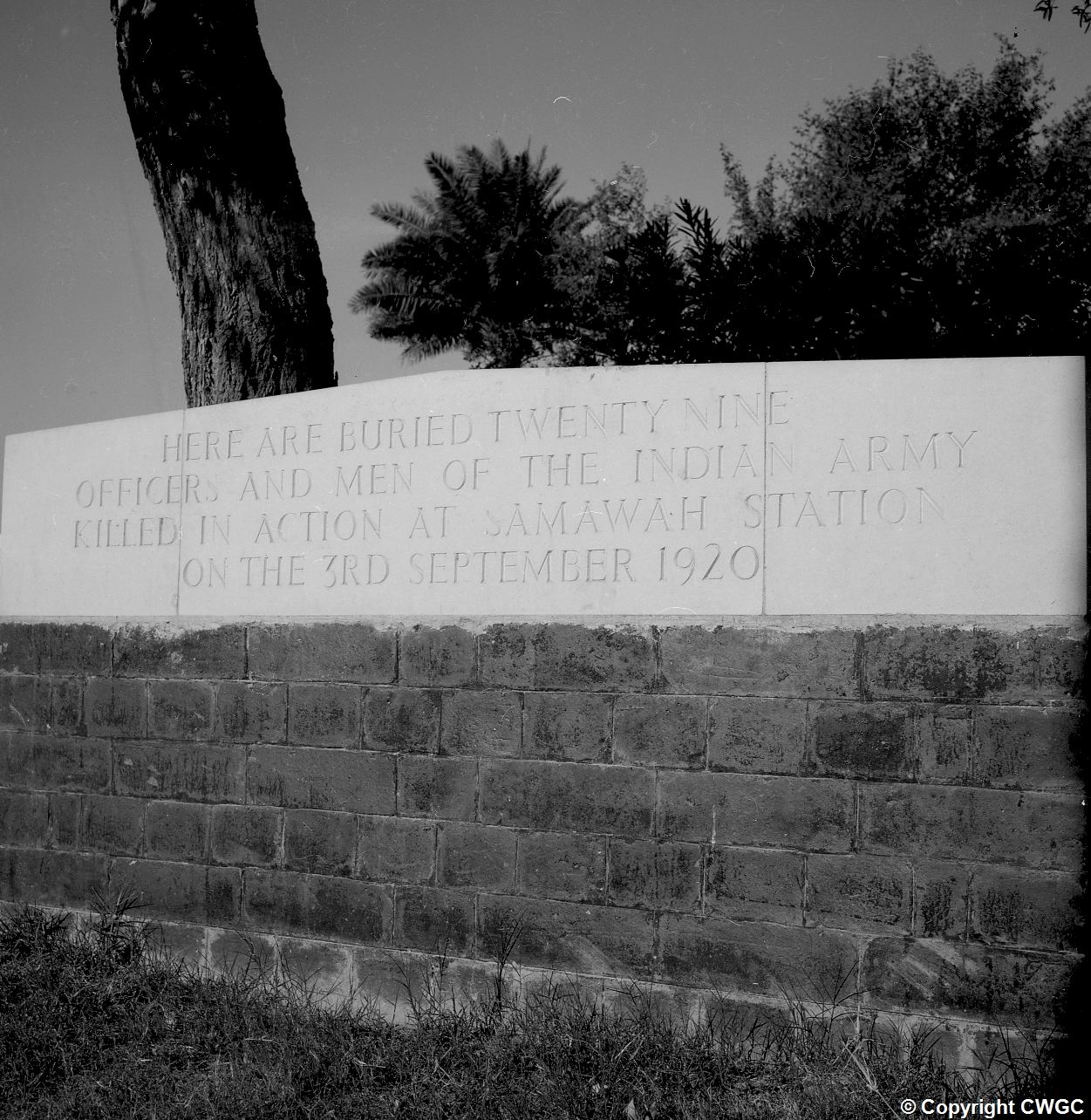 The Samawah Station memorial photographed in 1959, inscribed to the 29 officers and men of the Indian Army killed in action at Samawah Station on the 3rd September 1920. © CWGC.