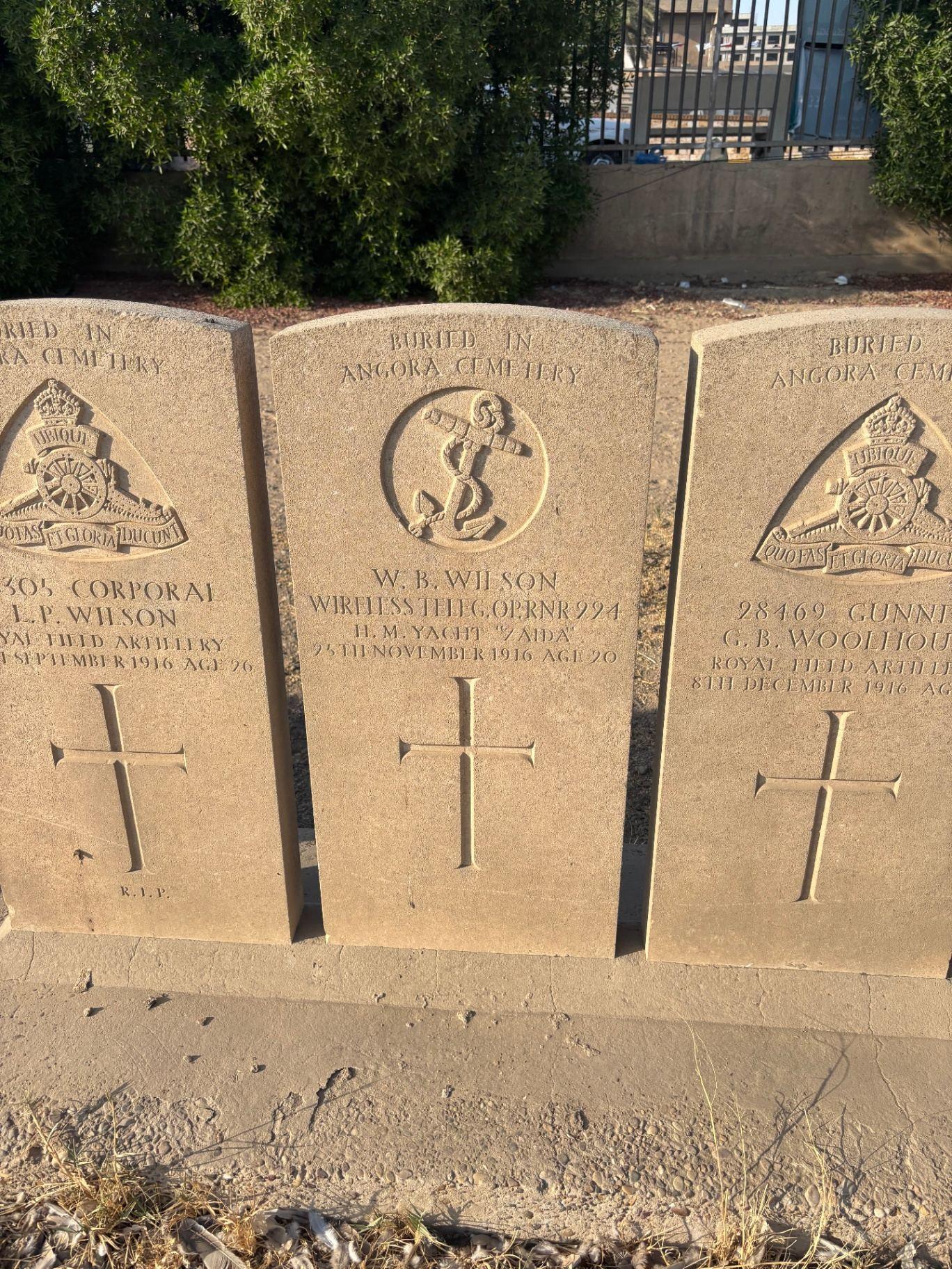 Headstone-style memorial at Baghdad Northgate to Wireman W. B. Wilson, OPNR 294, HM Yacht Aïda, buried in Angora Cemetery, who died on 25 November 1916 aged 20.