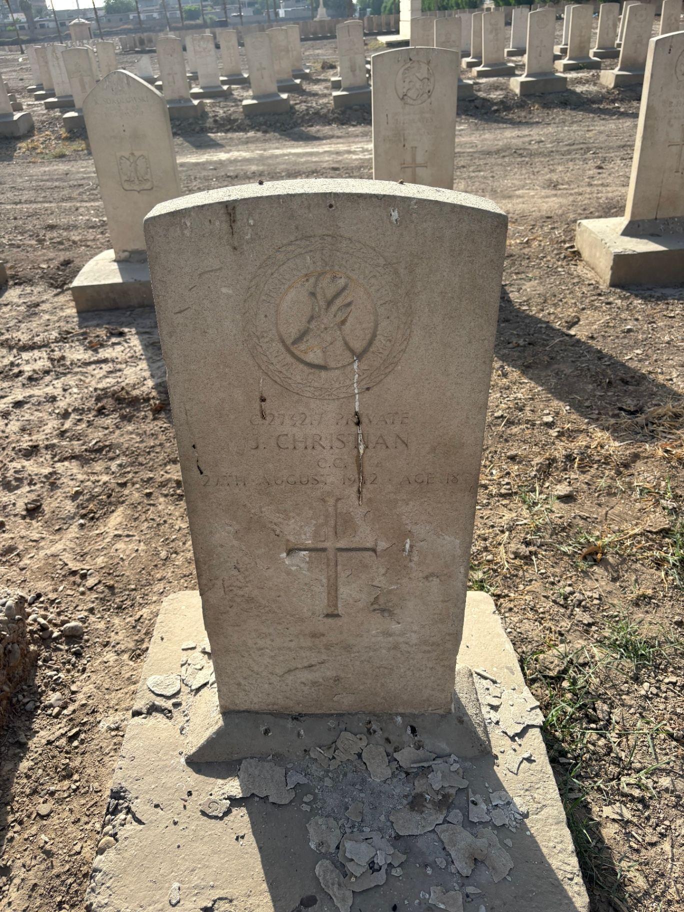 Cape Corps headstone at Baghdad Northgate inscribed to Private J. Christian, died 27th August 1922, aged 18.