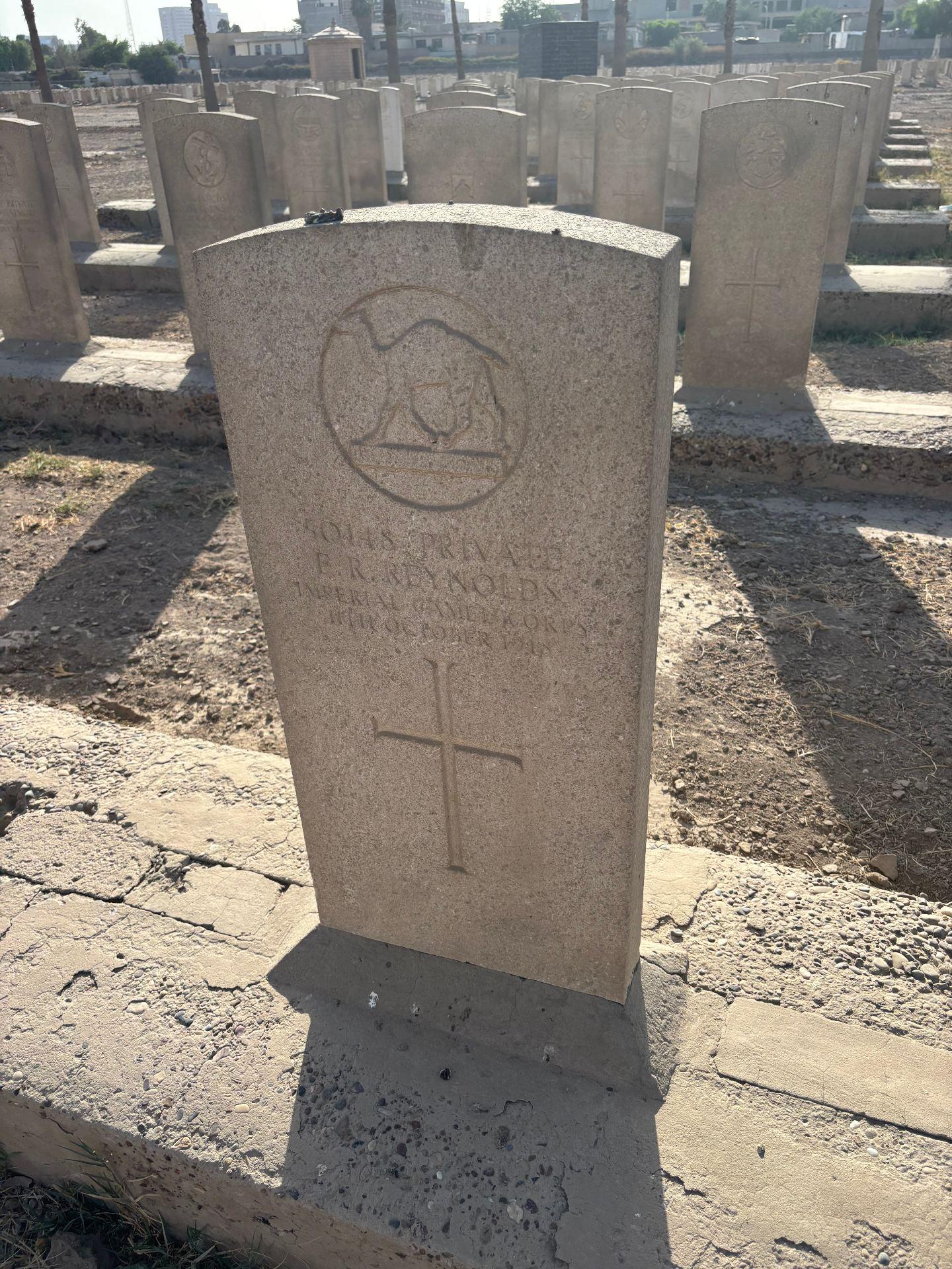 Imperial Camel Corps headstone at Baghdad Northgate inscribed to Private E R Reynolds, died October 1918.