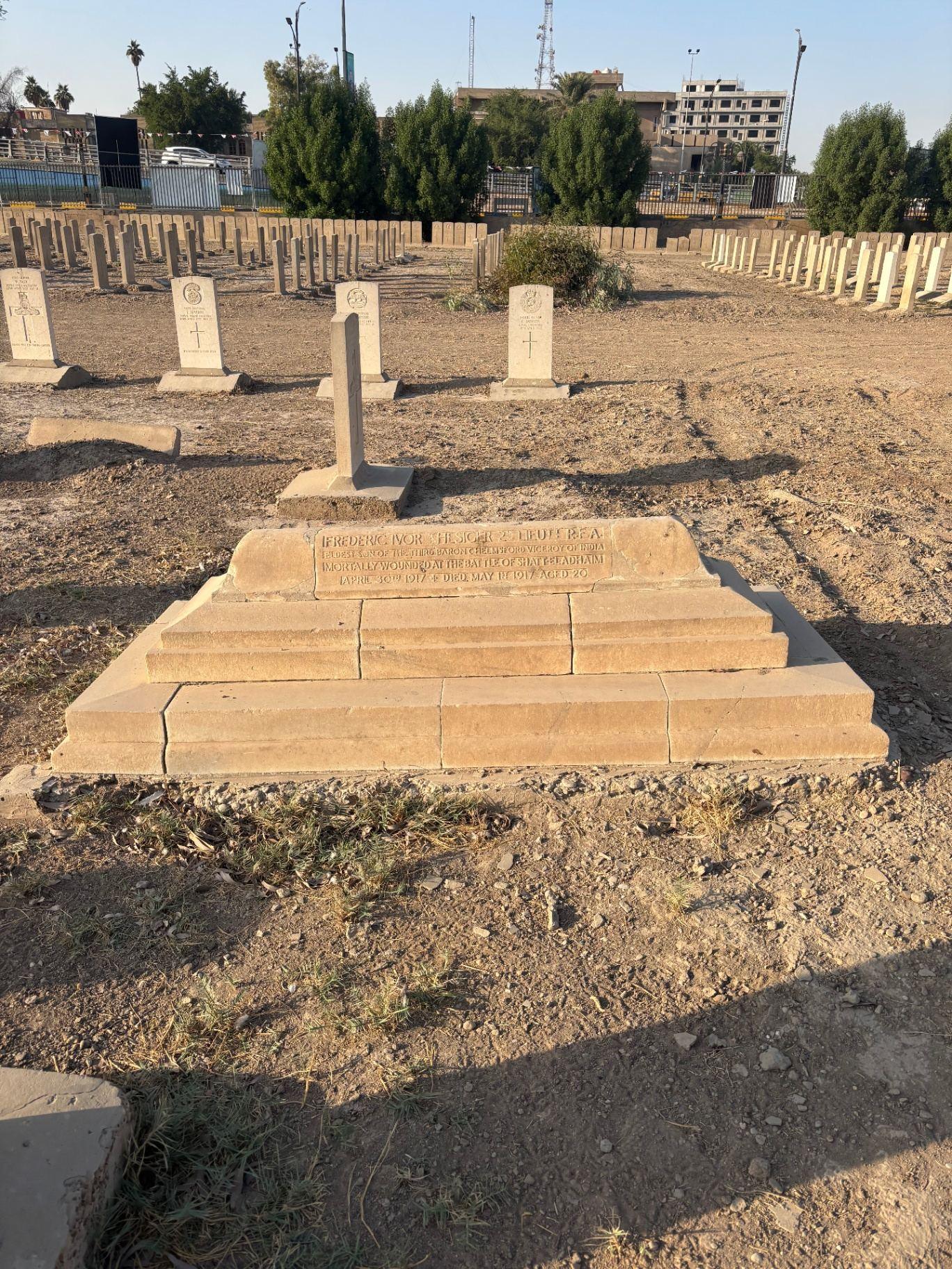 The privately-funded grave of 2nd Lt. Frederick Ivor Thesiger, eldest son of Lord Chelmsford, Viceroy of India. Mortally wounded at the Battle of Shatt-el-Adhaim, April 30th 1917, died May 1st 1917, aged 20.